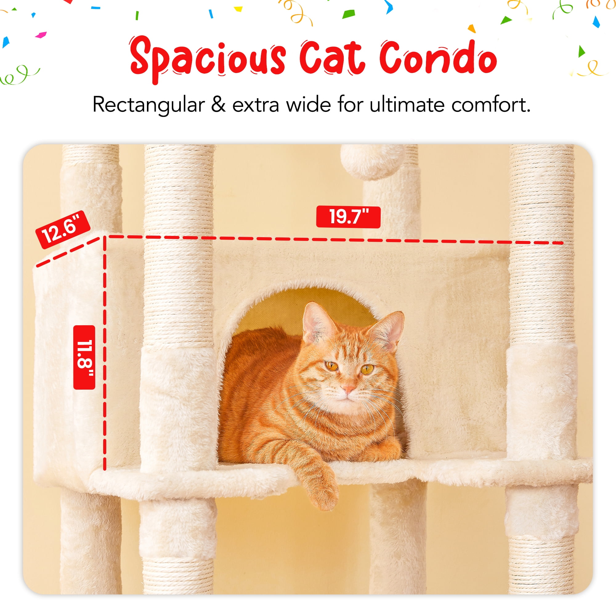 Furcato 77-Inch Cat Tree for Indoor Cats, Multi-Level Large Cat Tower with 4 Hammocks, 2 Padded Perches, Large Cat Condo, Beige