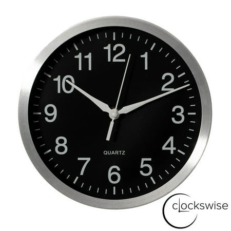 Clockswise 8-in Round Quartz Wall Clock Non-Ticking Battery Operated with Silent Sweep Movement, Aluminum Silver Frame, Perfect for Home Kitchen Office Living Room Study Hallway Classroom, Black Face