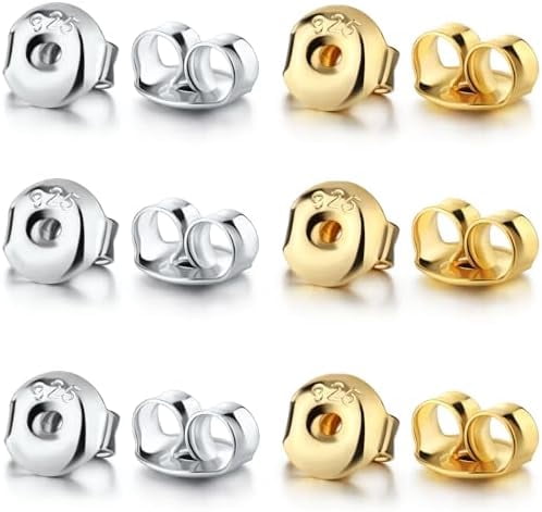 Silver Earring Backs Replacements - Hypoallergenic Earring Backs for Studs, Secure Ear Locking for Stud Earrings Ear Nut for Posts, 6 PCS Gold 6 PCS White Gold