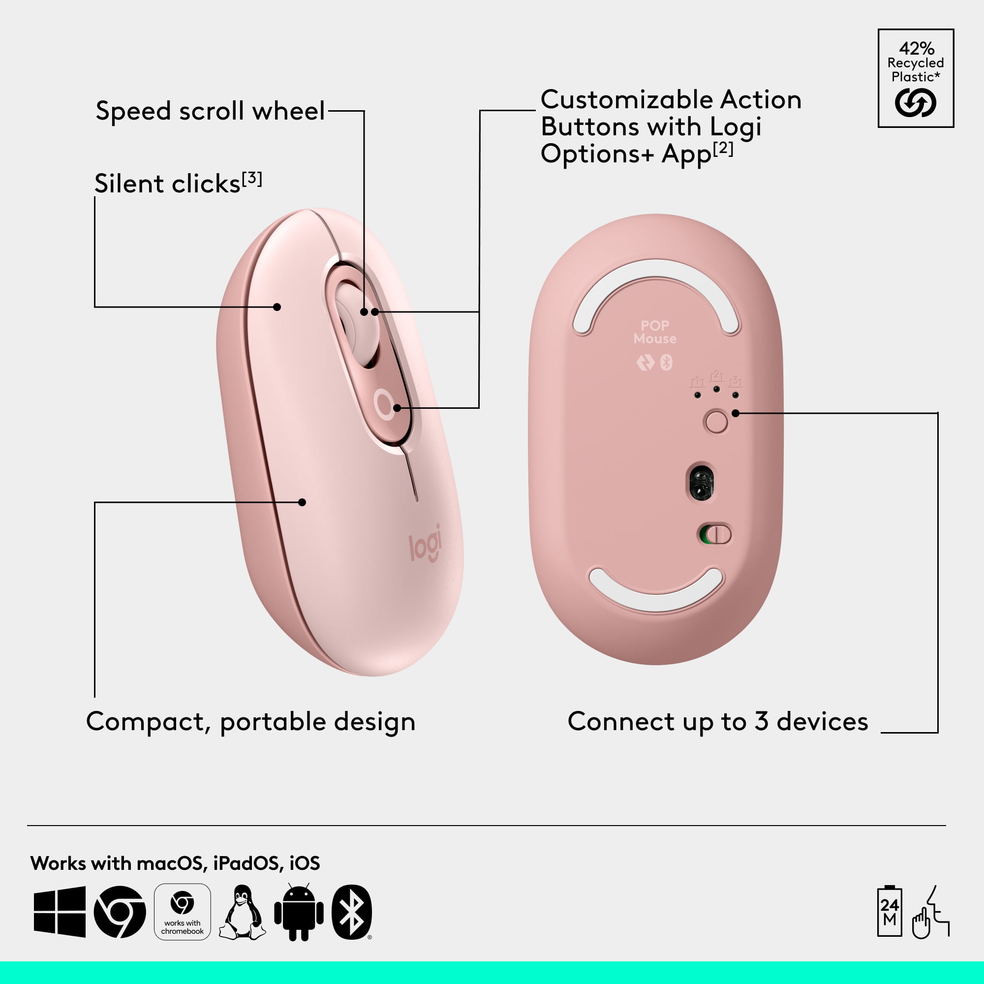 Logitech POP Mouse, Compact and Portable Wireless Bluetooth Mouse With Programmable Buttons, Rose