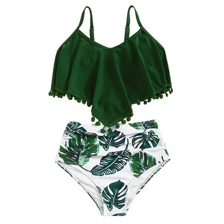 6-13T Girl s Cute Ruffle Bandana One-piece Swimsuit Ruched High Waist Beach Bathing Suit