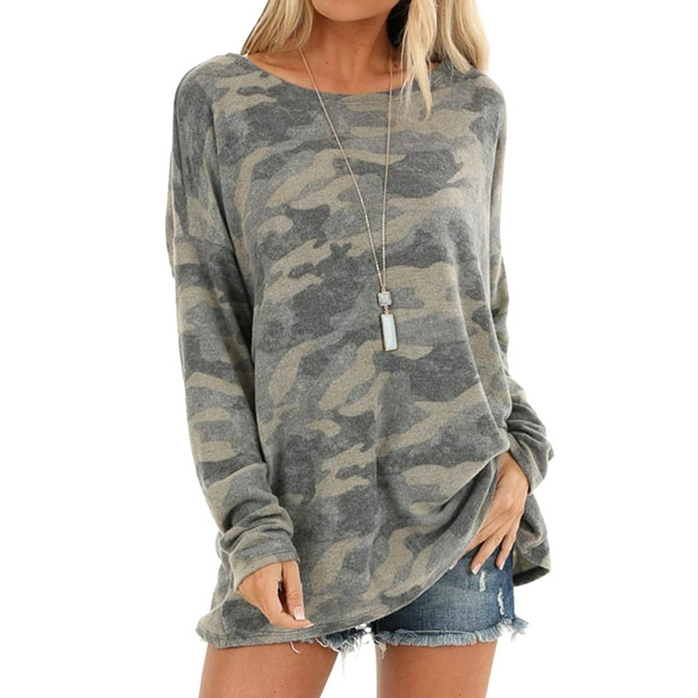 Nlife Women Camouflage Pullover Long Sleeve Tunic Shirt