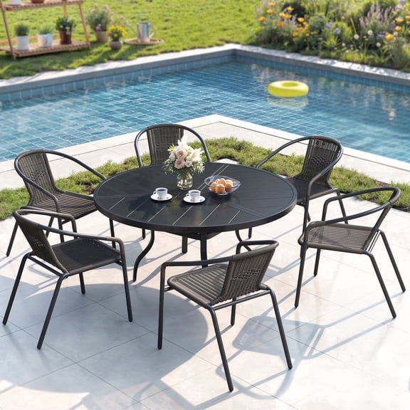 ELPOSUN 7-Piece Outdoor Patio Dining Set, Patio Dining Chairs & 51.1” Large Round Dining Table with Umbrella Hole, Steel Frame & Rattan Seat, Black/Gray