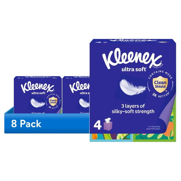 (8 pack) Kleenex Ultra Soft Facial Tissues, 4 Cube Boxes, 60 Tissues per Box, 3-Ply