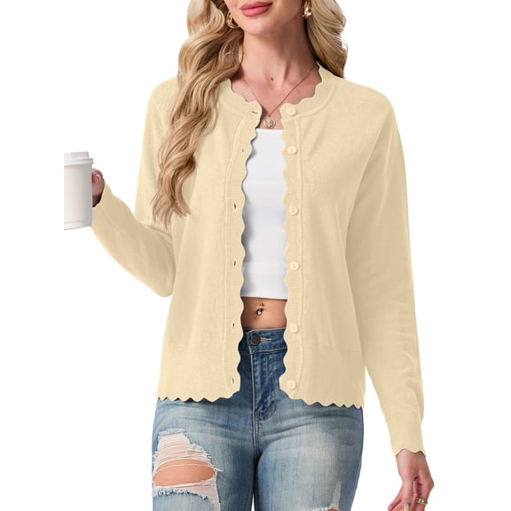 JWD Women's Long-Sleeved Crew Neck Scallop Edge Buttoned Cropped Cardigan Knitted Sweater