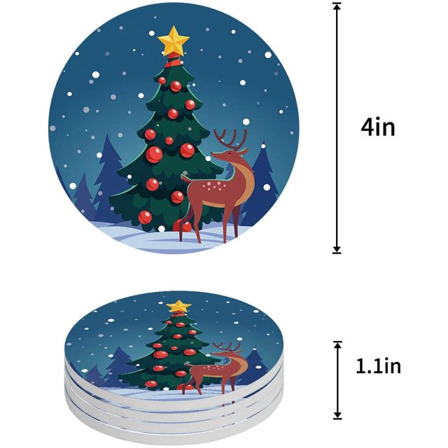 RYLABLUE Merry Christmas Xmas Tree Winter Christmas Set of 8 Round Coaster for Drinks, Absorbent Ceramic Stone Coasters Cup Mat with Cork Base for Home Kitchen Room Coffee Table Bar Decor