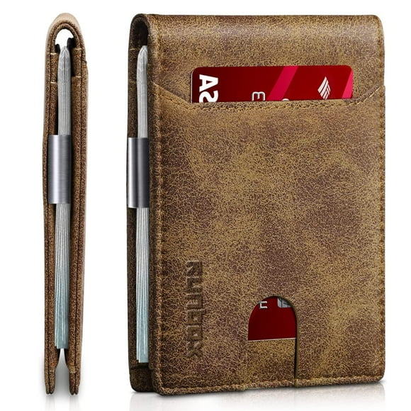 Billetera RUNBOX, delgada, de piel, para billetes, con bloqueo RFID, para hombre