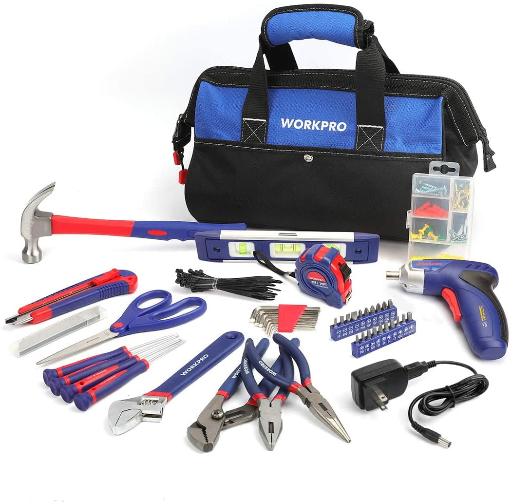 WORKPRO 125-Piece Household Tool Kit – 3.6V Rechargeable Screwdriver & Home Repair Basic Tool Set with 13-inch Easy Carrying Tools Bag, 125 Pcs (W009068A)