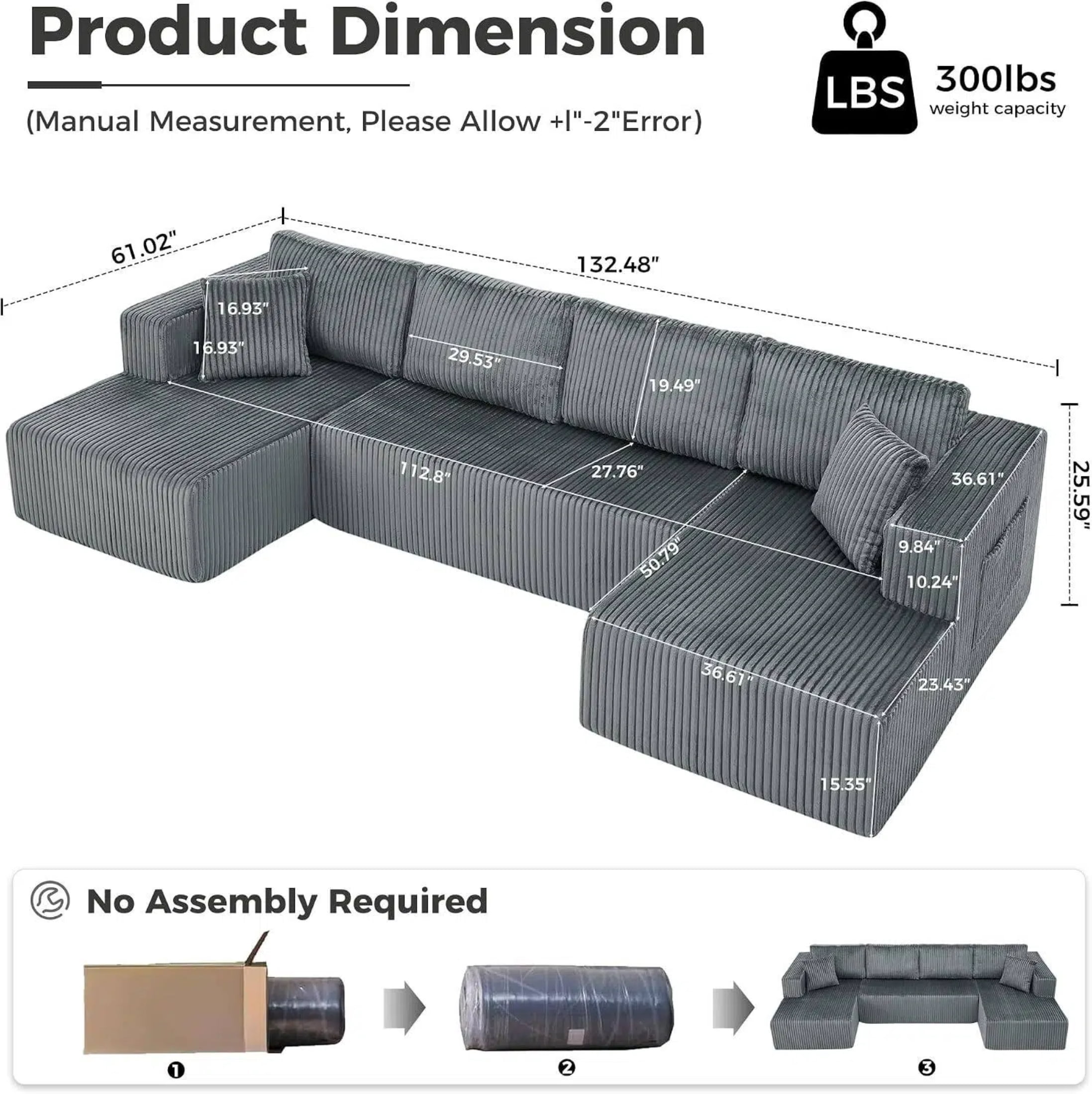 AISWORD 132" U Shaped Modular Sectional Sofa, Comfy Cloud Boneless Sofa with Chaise and Side Pockets, Memory Foam Sleeper Sofa for Living Room, Gray