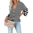 thumbnail image 3 of Womens Striped Sweater Coat Casual Long Sleeve Open Front Button Down Loose Knit Cardigan Fall Black M, 3 of 8