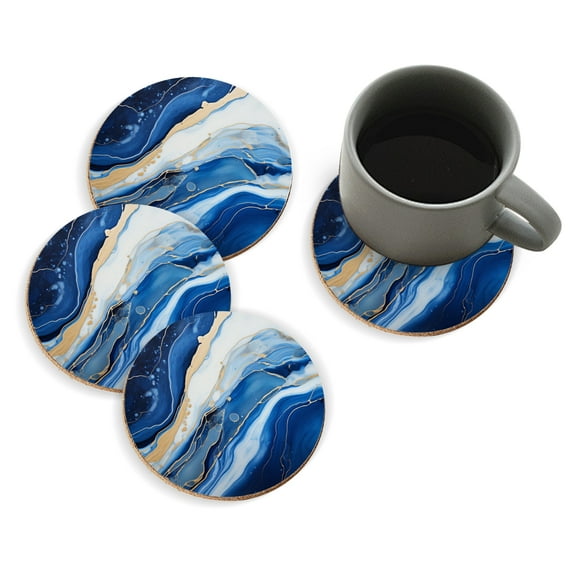 Coasters for Drinks Bar Beer,Set of 4 ,Round Wooden Housewarming Gift,Abstract Blue And White Marble Pattern With Gold Accents