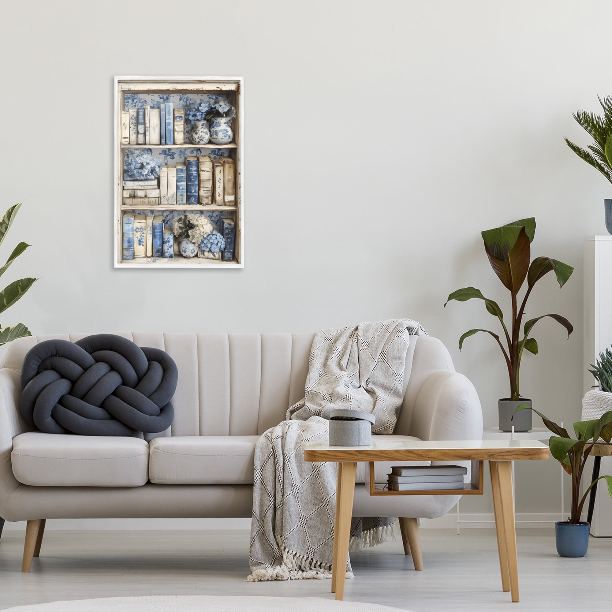 Stupell Industries Blue & Beige Bookcase White Framed Giclee Art, design by LSR Design Studio