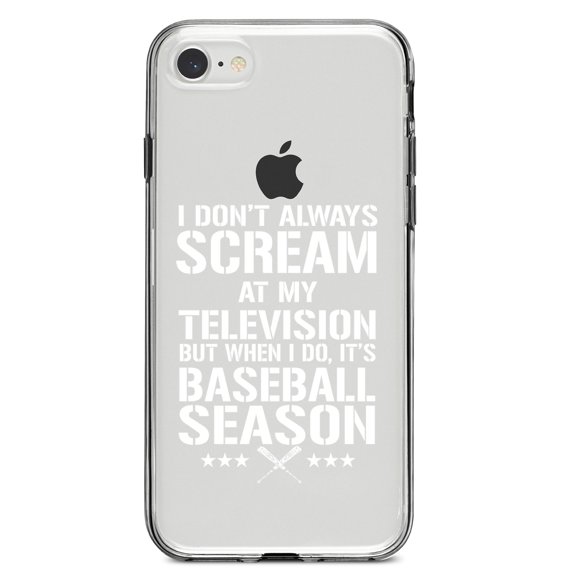 DistinctInk Clear Shockproof Hybrid Case for iPhone 7 8 SE (2020 Model) 4.7" Screen TPU Bumper Acrylic Back Tempered Glass Screen Protector - Baseball Season Scream at my TV