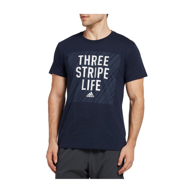 adidas - Camiseta gráfica para hombre con tres rayas, color azul, pequeña Adidas Camiseta gráfica