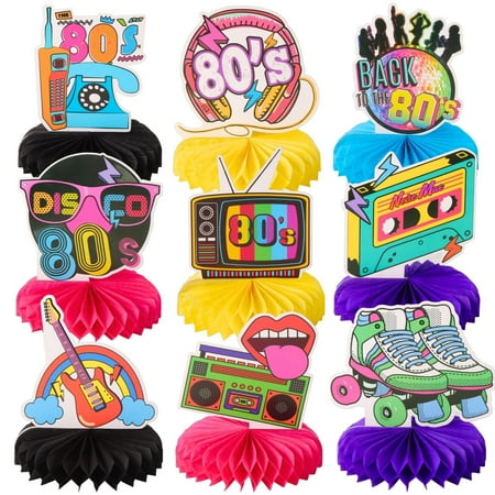9pcs Disco Honeycomb CORNET Centerpieces 80s Disco Fever Party Decorations Dancing Queen Tabletop Centerpieces for 1980s Party Celebration Back to 80s Nostalgic Party Supplies Topper Sign Decors
