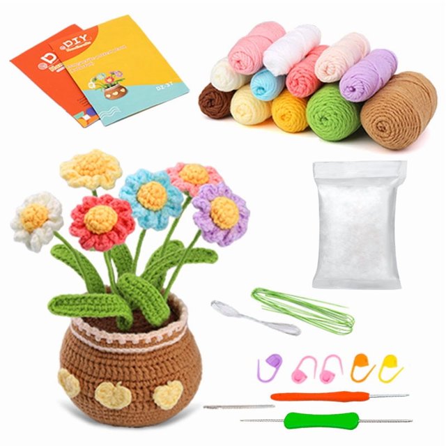 Kit de crochet para principiantes, kit de flores en maceta de crochet, kit completo de crochet para principiantes adultos con instrucciones paso a paso