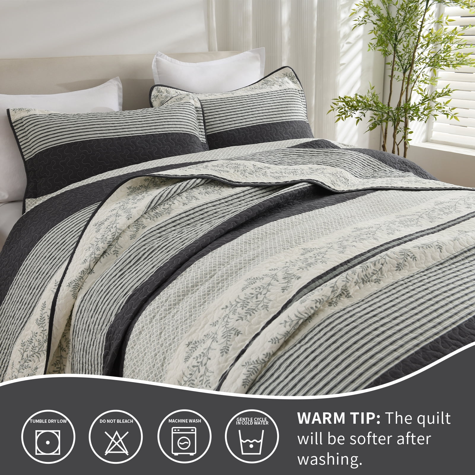 Bedduvit White Gray Floral Striped Quilt Queen, 100% Organic Cotton Queen Size Quilted Bedspread Set with 2 Shams, Botanical Vintage Lightweight Reversible 3-Piece Coverlet Bedding Set, 98"x90"