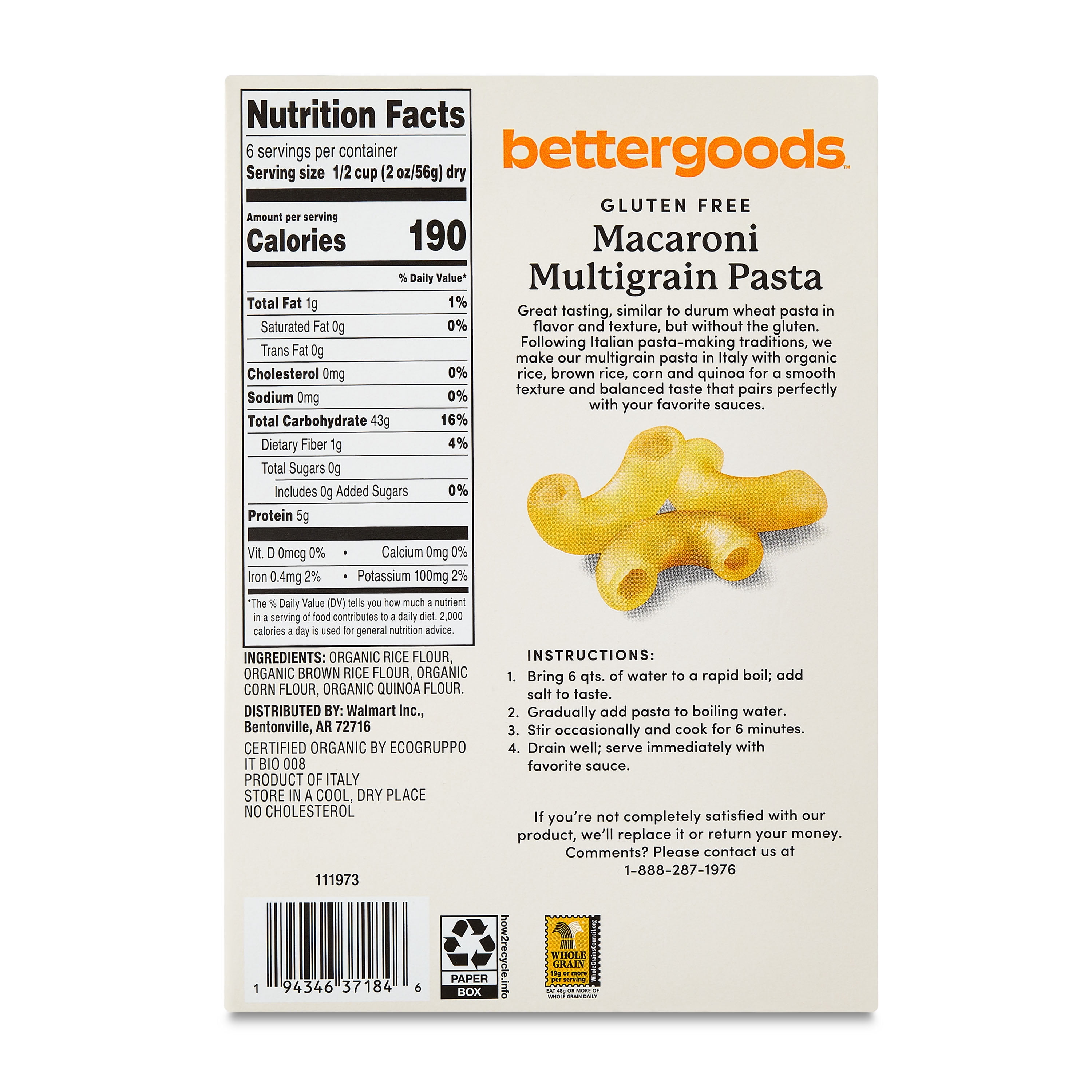 (12 pack) bettergoods Gluten Free Macaroni Multigrain Pasta, 12 oz