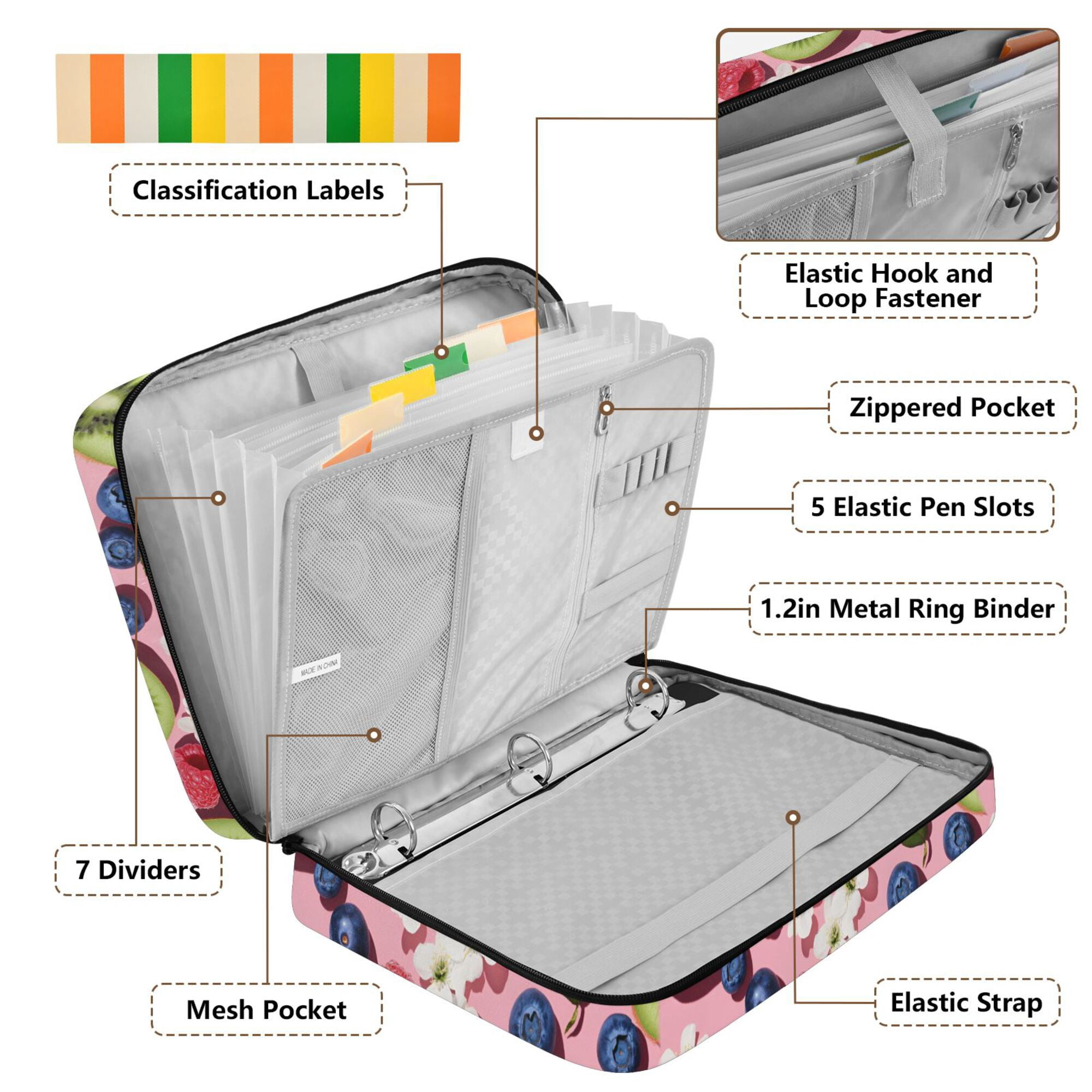FORMRS Accordion File Folder A4 Size 7-Pocket Expanding Document Organizer Bag with 3 Ring Binder, Pink Kiwi