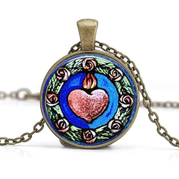 Stained Glass Sacred Heart Faith Pendant Christian Necklace