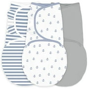 Amazing Baby Swaddle Blanket with Adjustable Wrap, Set of 3, Tiny Anchors, Stripes and Solid, Denim and Gray, Small