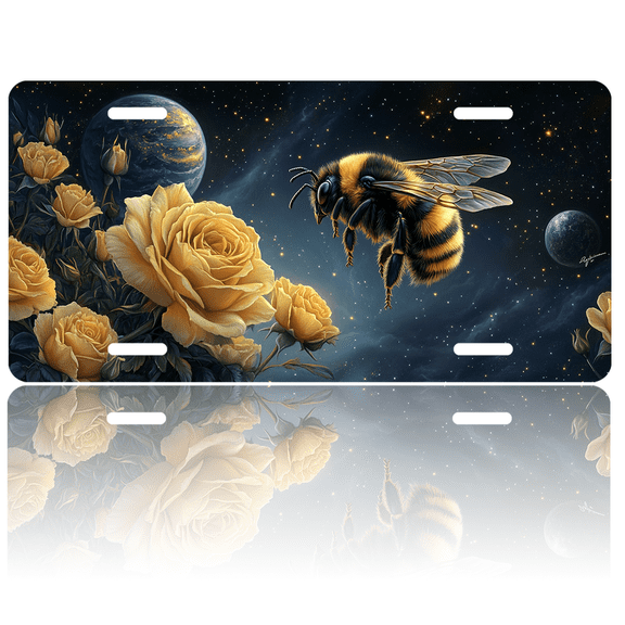 1 Pcs 2D Flat License Plate Covers & Frames, Bee Among Yellow Roses For Decorative Front, Waterproof For Decoration Aluminum License Plate Covers & Frames Cover For Men Women, 12" X 6"
