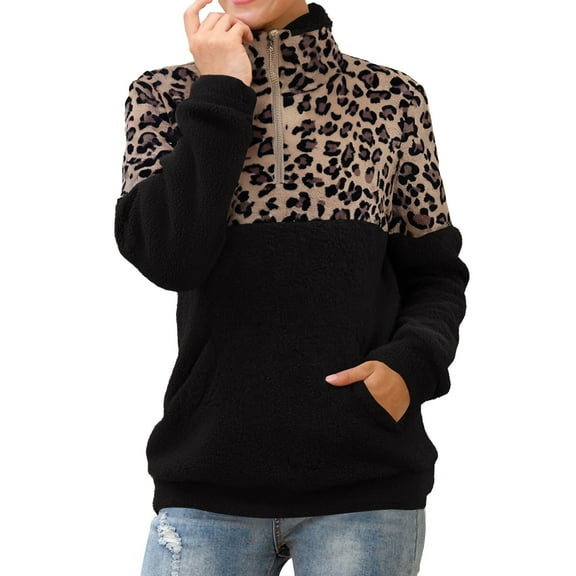 VISALY Womens Zip Up Hoodies Thick Sweaters Leopard Print Sweater Women's Stitching 1/4 Zipper Collar Top Double Fleece Warm Jacket with Pockets Casual Sweaters Sweater Pullover Tunic Sweater Black L