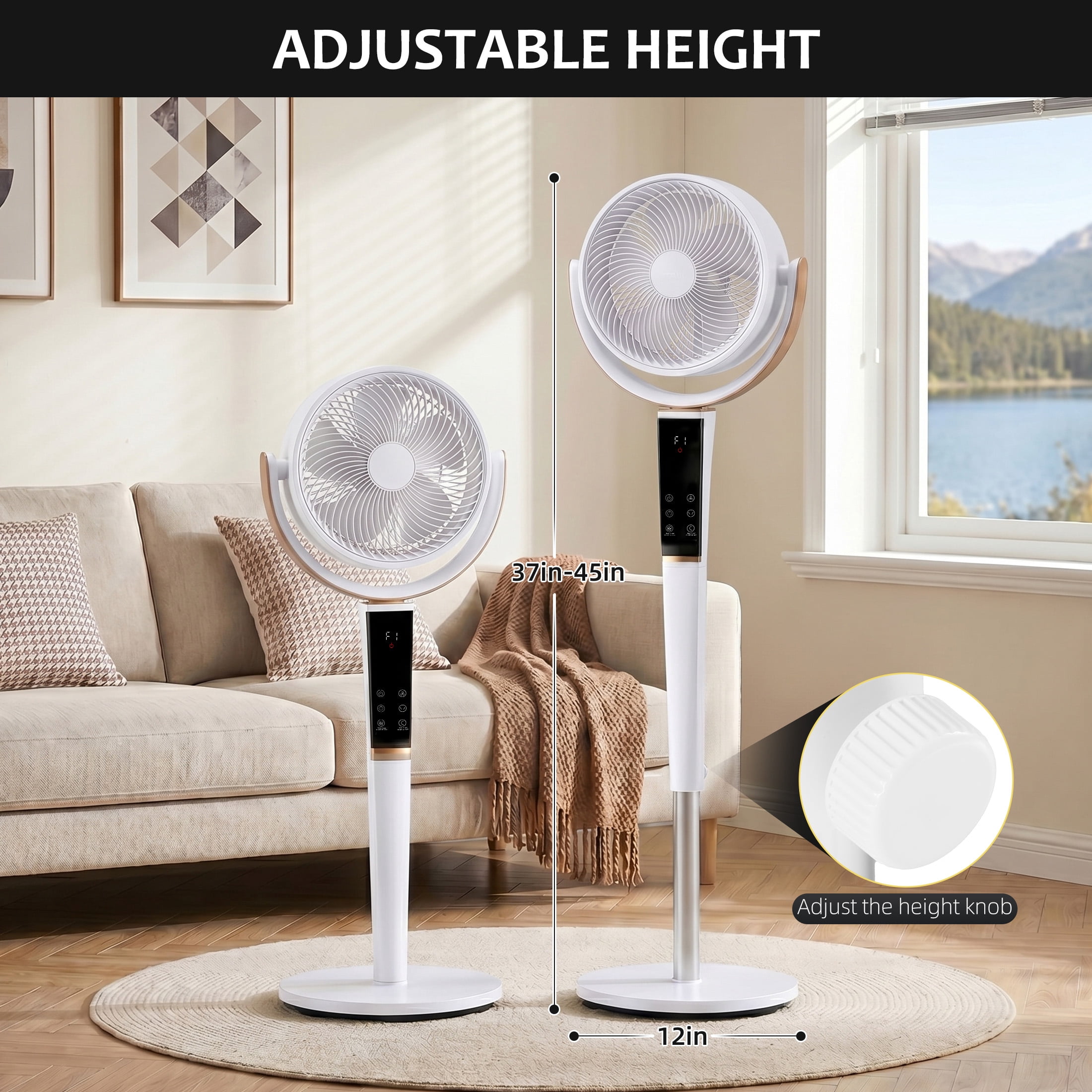 EDX Bedroom Pedestal Fan, Quiet 20dB DC Air Circulator, 15 Speeds 5 Modes, 120° Oscillation, 12H Timer, 1050CFM Airflow, 37-45" Adjustable Height, LED Light, Standing Fan with Remote, White