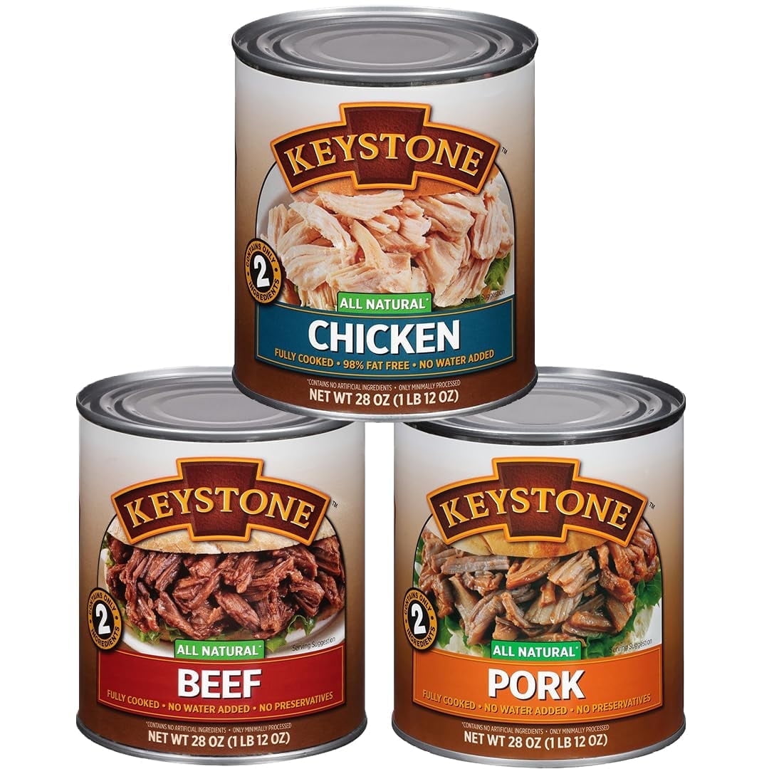 (Pack of 3) KEYSTONE Meats All Natural Canned Beef, Chicken & Pork 28 Oz Long Term Emergency Survival Food Canned Meat | Fully Cooked Ready to Eat