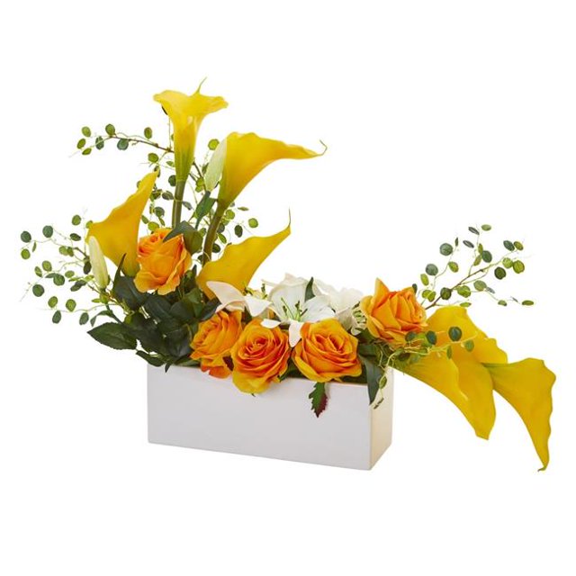 Nearly Natural 1639-YL Mixed Lily & Rose Artificial Arrangement - Yellow