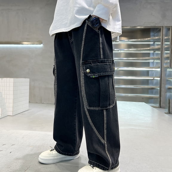 Xdegoge Baggy Denim Cargo Pants for Boys Y2K Streetwear Loose Fit Skater Jeans Wide Leg Hip Hop Trousers with Flap Pockets Contrast Stitching Casual Everyday Wear