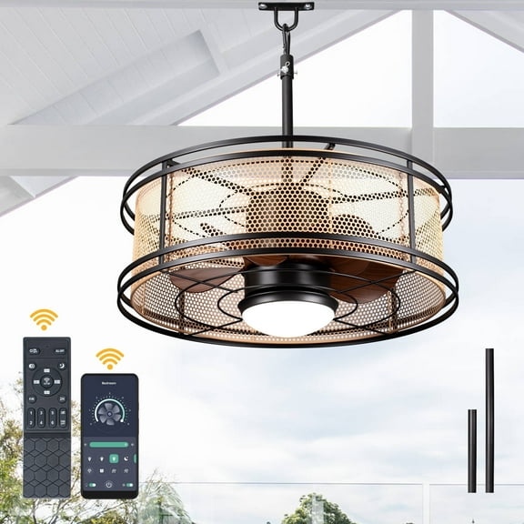 Cusp Barn 23" Outdoor Imitation Rattan Compact Caged Ceiling Fan with Remote and Lights, Ceiling Fan for Courtyard