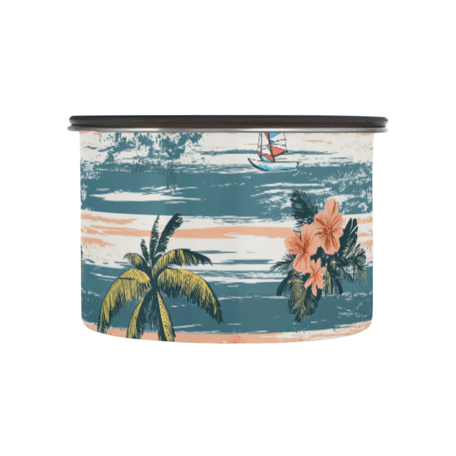 Sailboat Flower Stripes Airtight Coffee Bean Canister 30oz Food Storage Containers with Lids For Gournd, Tea, Sugar, Flour, Rice, Cereal, Candy Cookie Jar