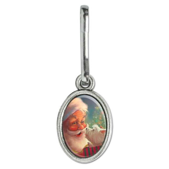 Christmas Holiday Santa Claus with Puppy Antiqued Oval Charm Clothes Purse Suitcase Backpack Zipper Pull Aid