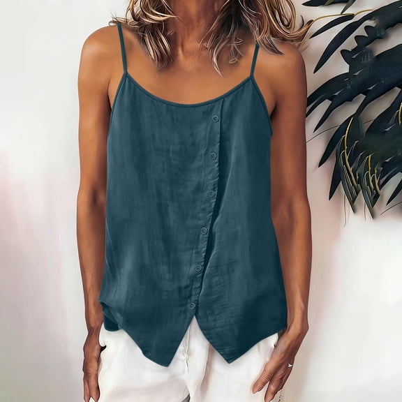 HappyYEE Plus Size Camisole Tops for Women Spaghetti Strap Sleeveless Cami Tops with Button Decor Loose Fashion Summer Versatile Tank Navy XL