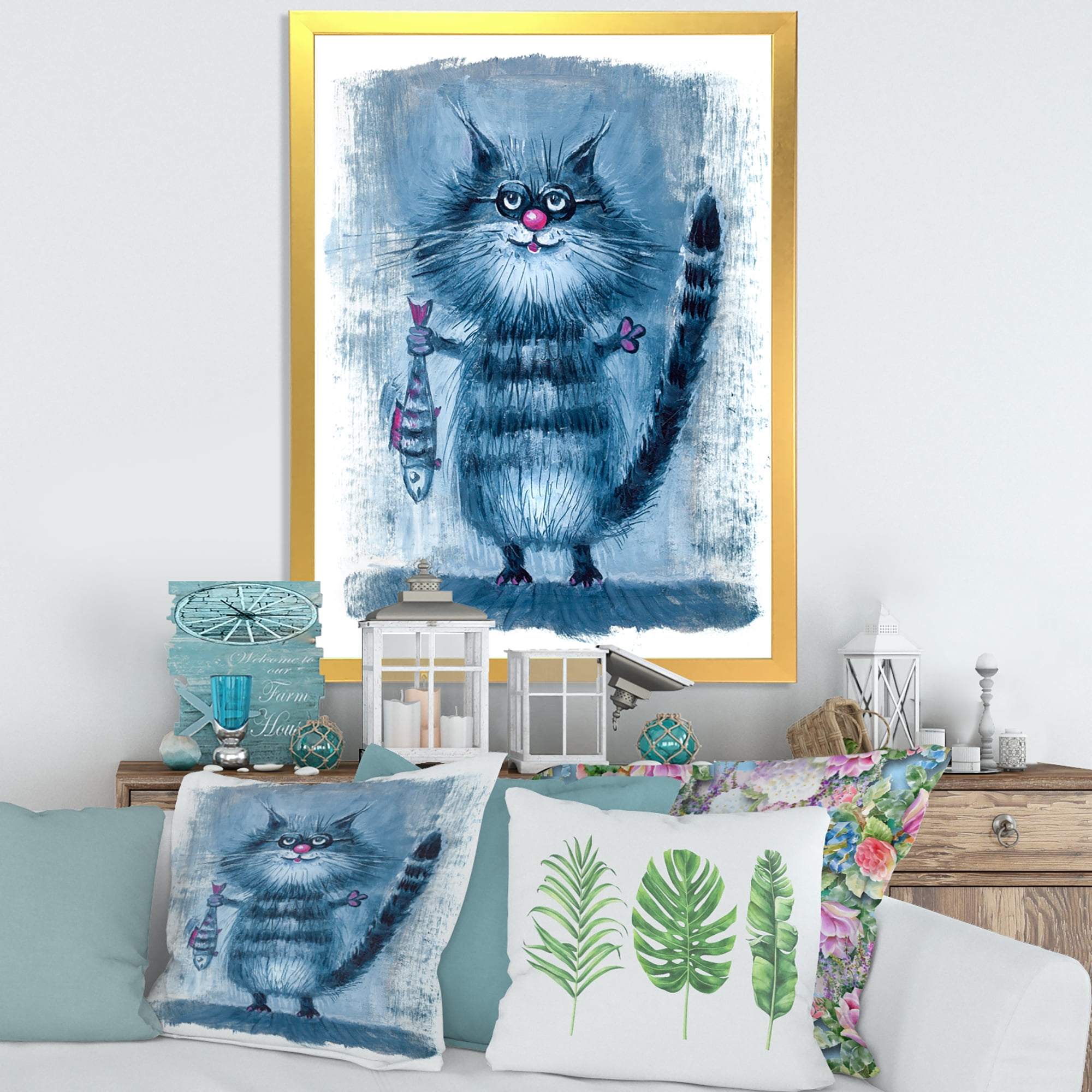 Designart 'Standing Cat Holding A Fish In Its Claws' Nautical & Coastal Framed Art Print