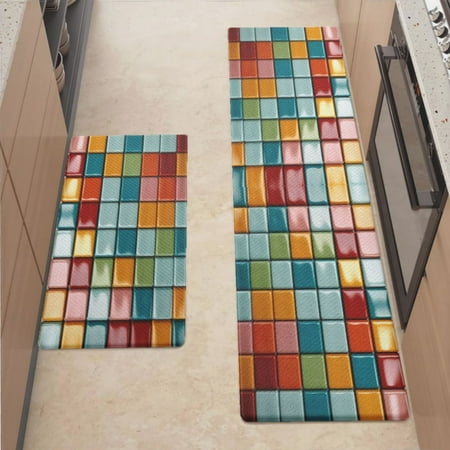 

Anti Fatigue Kitchen Mat Pattern Colorful Sets of 2 Kitchen Rugs Non Slip Cushioned Standing Mat for Sink Floor Laundry Office Desk Mid 17.3 x 29 + Pro 17.3 x 59