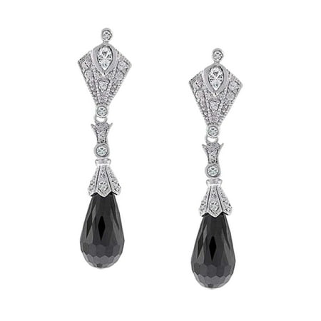 Bling Jewelry .925 Silver CZ Art Deco Style Black Glass Briolette Drop Earrings