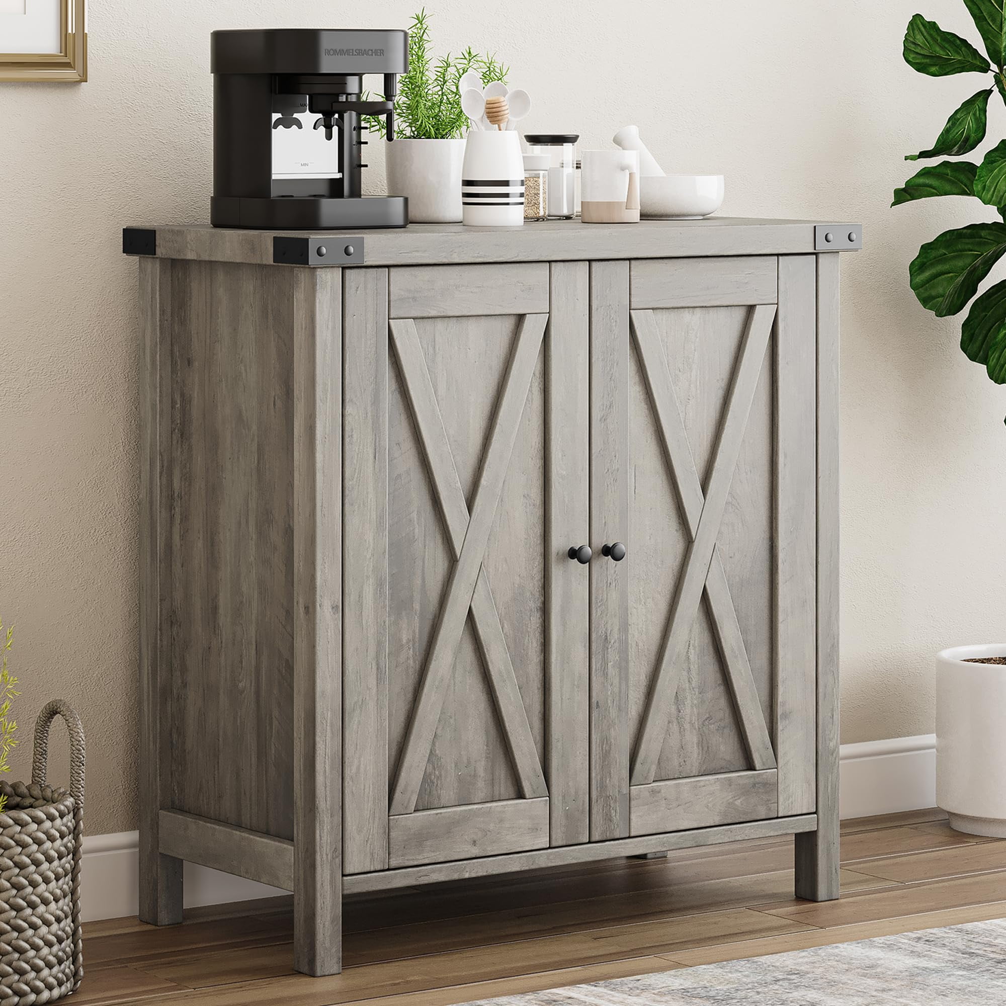 DSstyles Farmhouse Storage Cabinet with Doors and Shelves, MDF-engineered wood Gray
