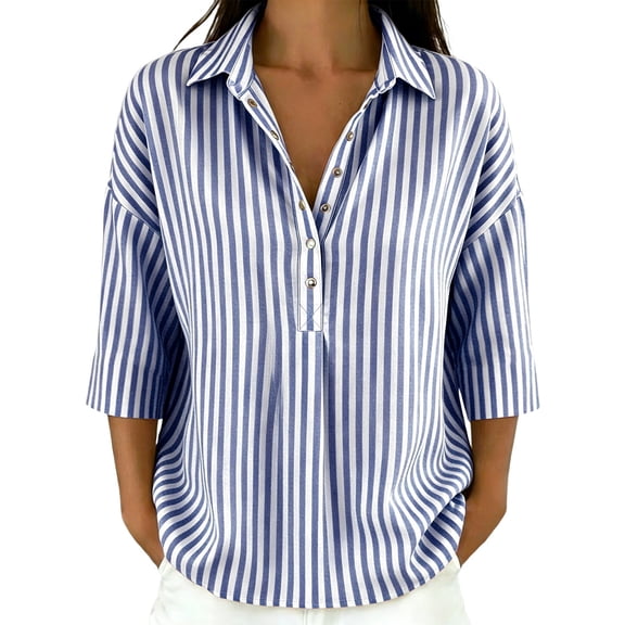 Cotton Linen Tops for Women Striped Long Sleeve Tops Soft Loose Fit Casual Fashion T-Shirt Tops for Holiday Daily Wear by Gbobgt Blue L