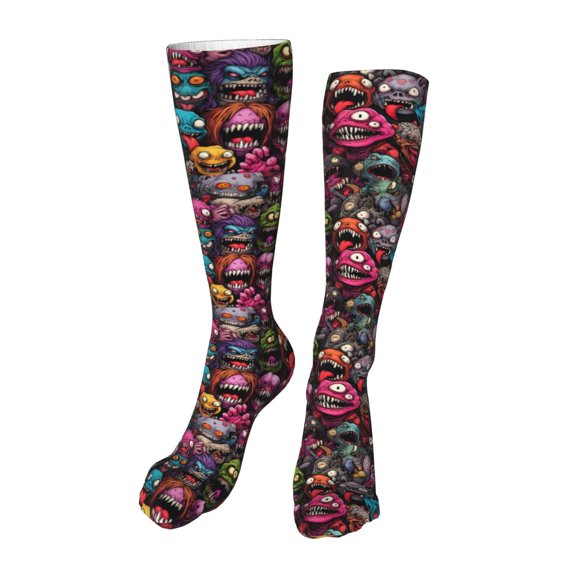 Honeii Monstrous Cartoon Characters Print Calf Socks Sports Socks Seamless Toe, Trouser Socks,Knee High Long Socks for Women and Men-One Size