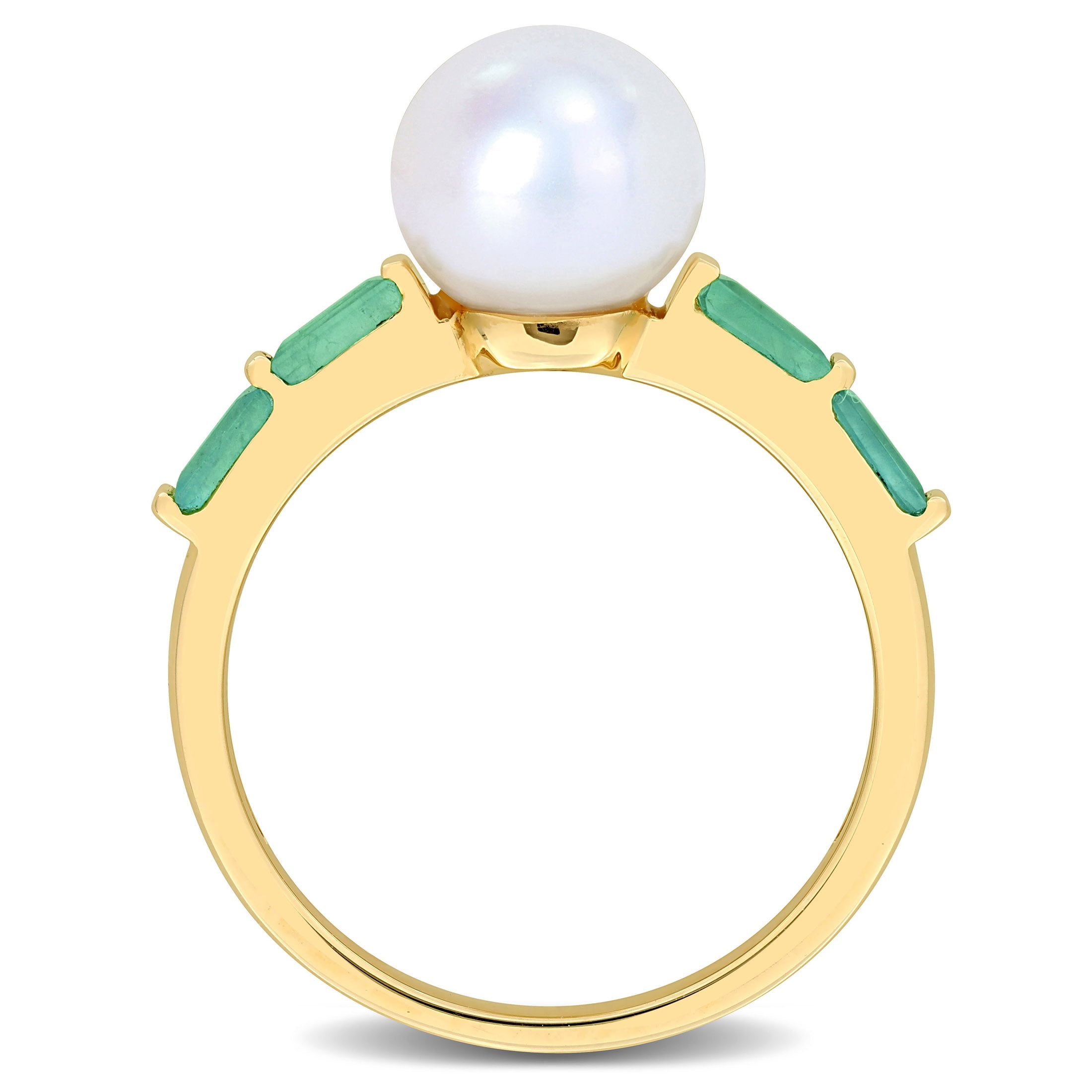 Miabella Women's White Round Freshwater Pearl 1/2 Carat Emerald 10kt Yellow Gold Stackable Ring