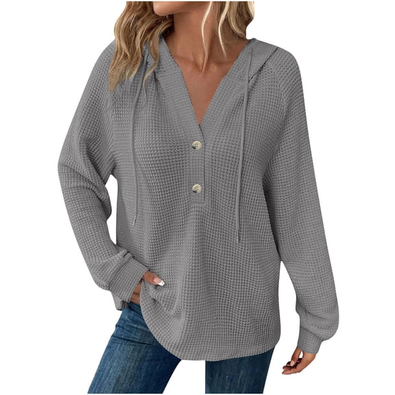 fheaev Hoodies for Women Waffle Knit Long Sleeve Drawstring Button V Neck Casual Pullover Sweatshirt Hooded Pullover Tops Trendy Sweatshirt Blouses for Fall 2025