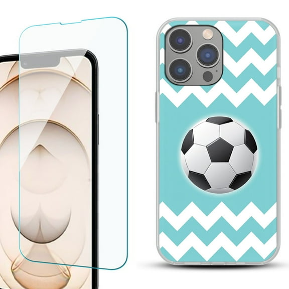 OneToughShield ® for iPhone 15 Pro Max Shockproof Fashion Phone Case, with Tempered Glass Screen Protector - Chevron/Soccer