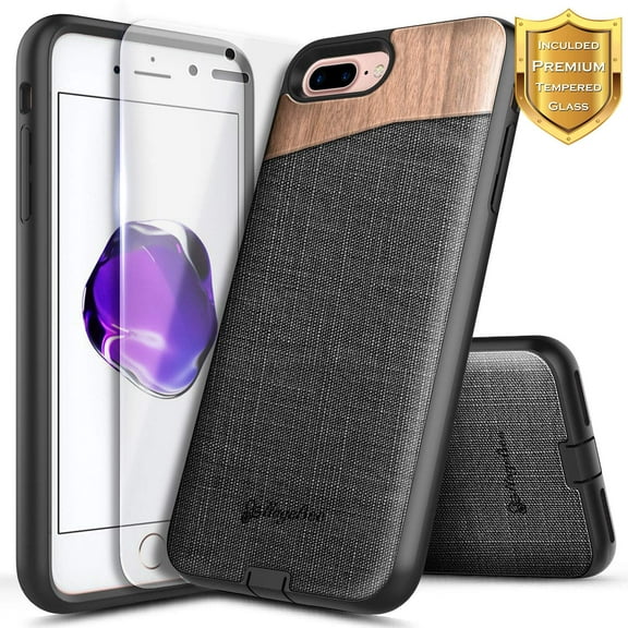 For iPhone 6 Plus / 6S Plus Case with [Tempered Glass Screen Protector], NageBee Premium [Natural Wood] Canvas Fabrics Heavy Duty Shockproof Dual Layer Hybrid Defender Rugged Durable Case -Wood