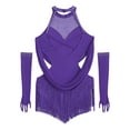 thumbnail image 4 of SiiRoh Girls Sparkly Fringe Jazz Latin Dance Leotard Ruched Mesh Drapes Cutout Bodysuit with Gloves Purple 14, 4 of 5