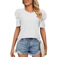 thumbnail image 1 of Blusa blanca con mangas plisadas y cuello redondo: blusa informal, elegante y versátil para mujer, talla S Summer Chic, 1 of 8
