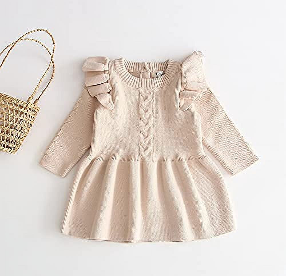 Styles I Love Baby Toddler Girls Knit Sweater Ruffle Long Sleeve Cotton Dress Little Princess Solid Dressy Outfit (Light Beige, 2T)