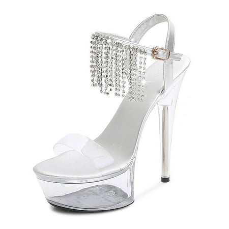 

IELGY Women s fringed sandals stiletto heel super high heel flat buckle strap