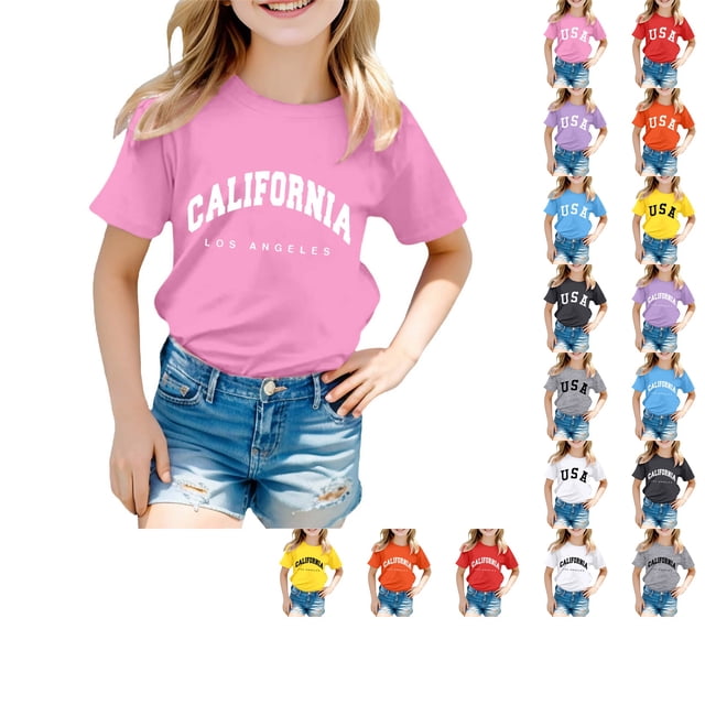 SUXIAN T-shirts pour Enfants Mode Décontractée Imprimé Col Rond Ample Manches Courtes T-Shirt Haut Col Rond Hauts pour Filles Rose_002 5-6 Ans